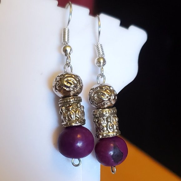 Silver Tone Hook Purple Seed Metal Bead Earrings